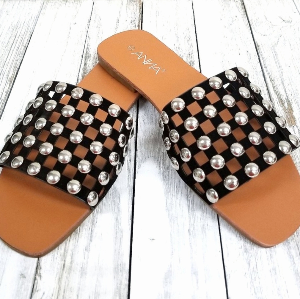 Anna black with silver stud slide sandals